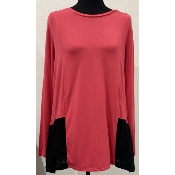 LOGO by Lori Goldstein Hot Pink Knit Tunic Top with Black Lace Trim Size Medium - Picture 1 of 4